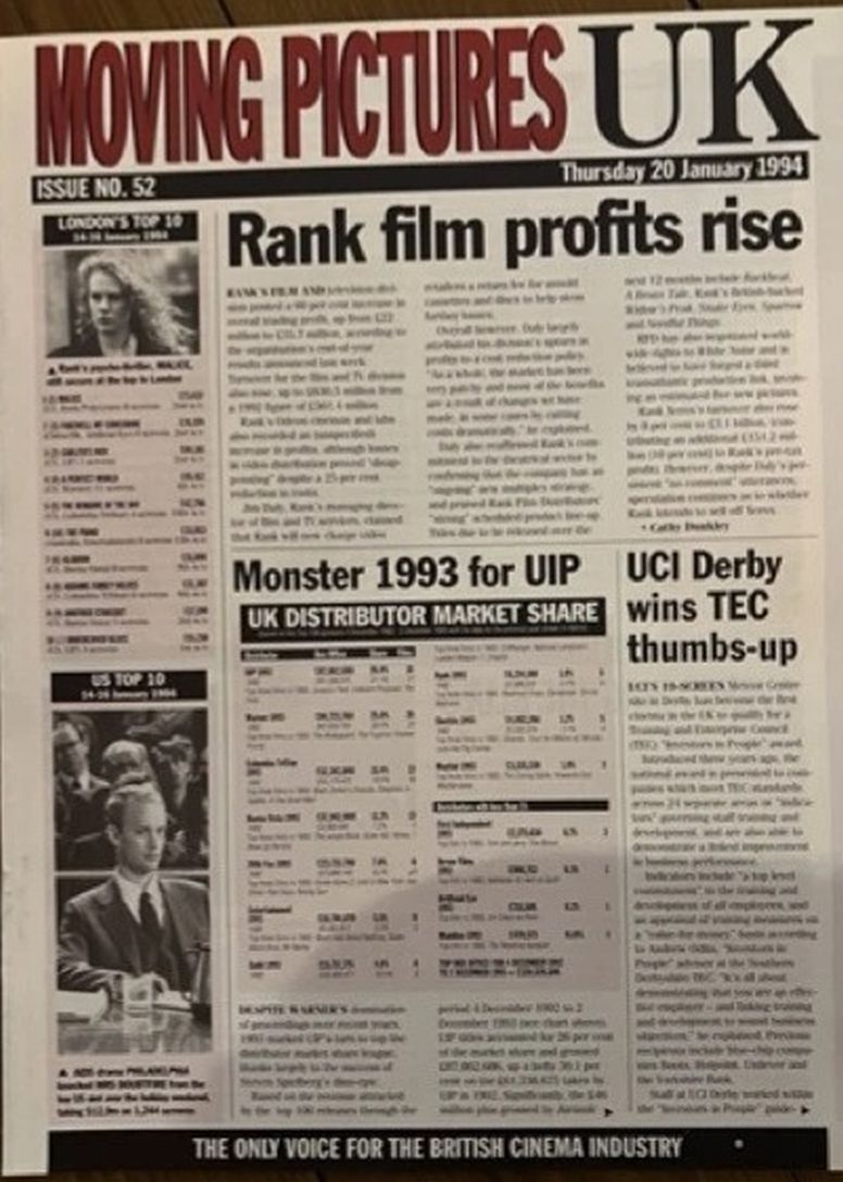 MOVING PICTURES UK magazine side cover Issue 52 20 January 1994
