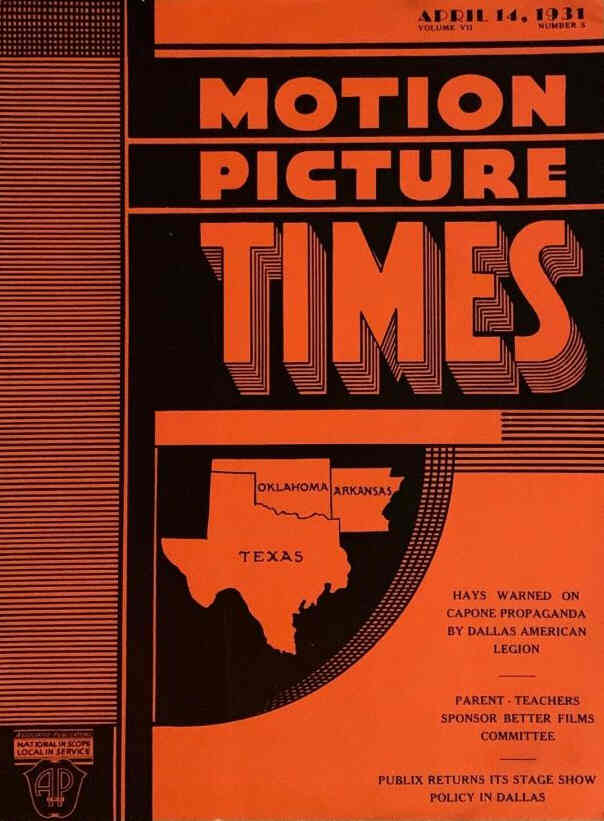 MOTION PICTURE TIMES (1920s) magazine side cover 14 April 1931