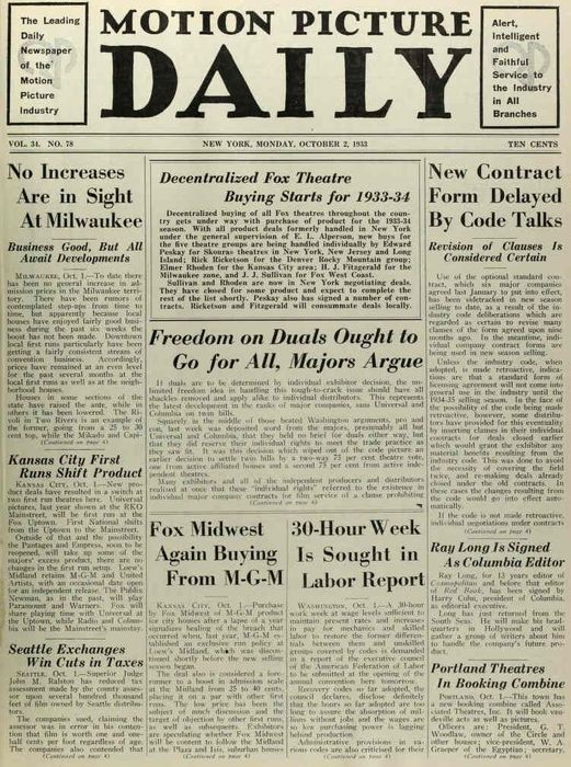 MOTION PICTURE DAILY magazine side cover 2 October 1933