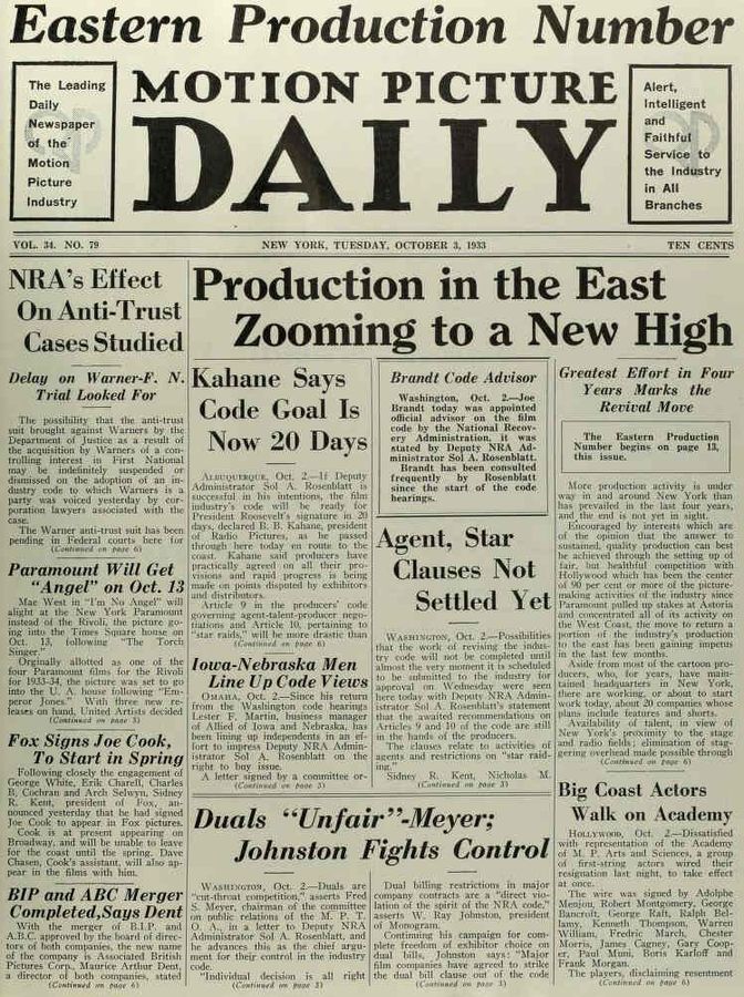 MOTION PICTURE DAILY magazine side cover 3 October 1933