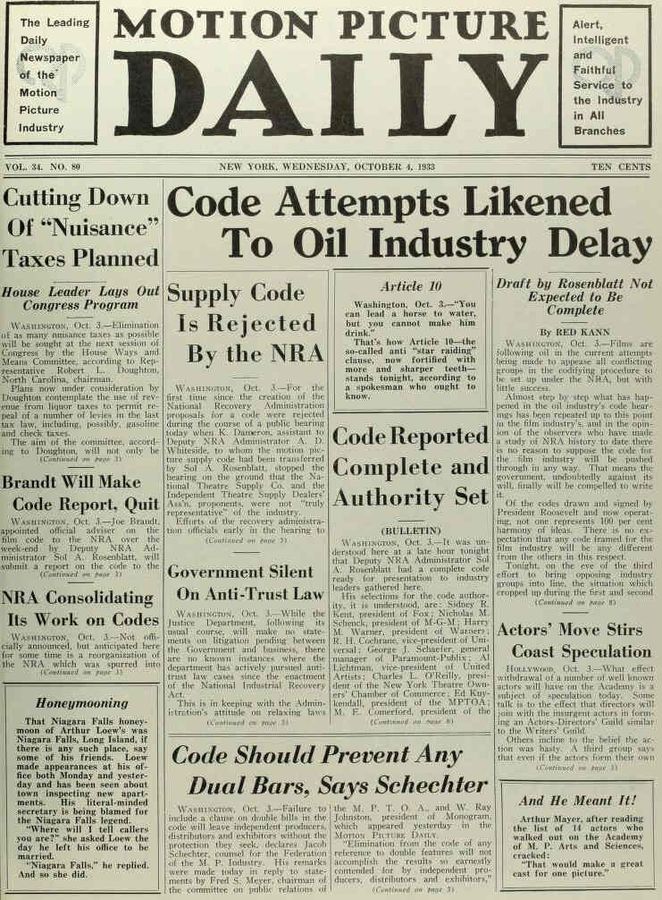 MOTION PICTURE DAILY magazine side cover 4 October 1933