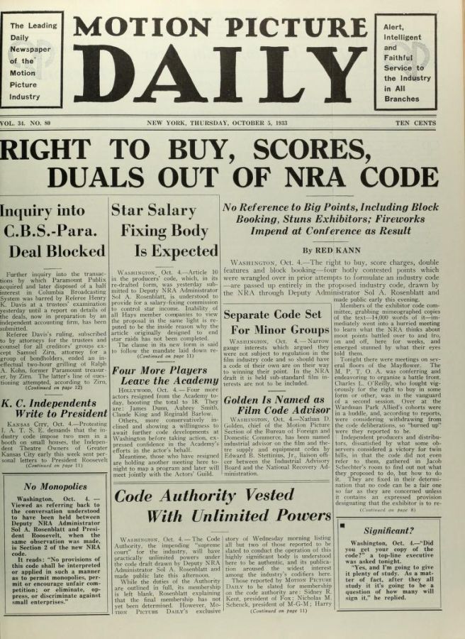 MOTION PICTURE DAILY magazine side cover 5 October 1933