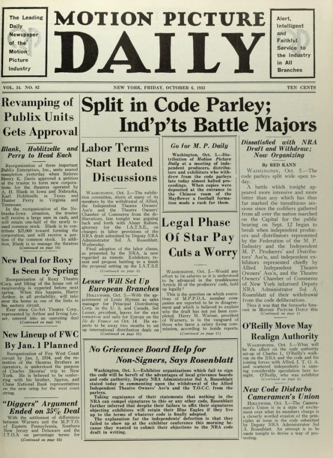 MOTION PICTURE DAILY magazine side cover 6 October 1933