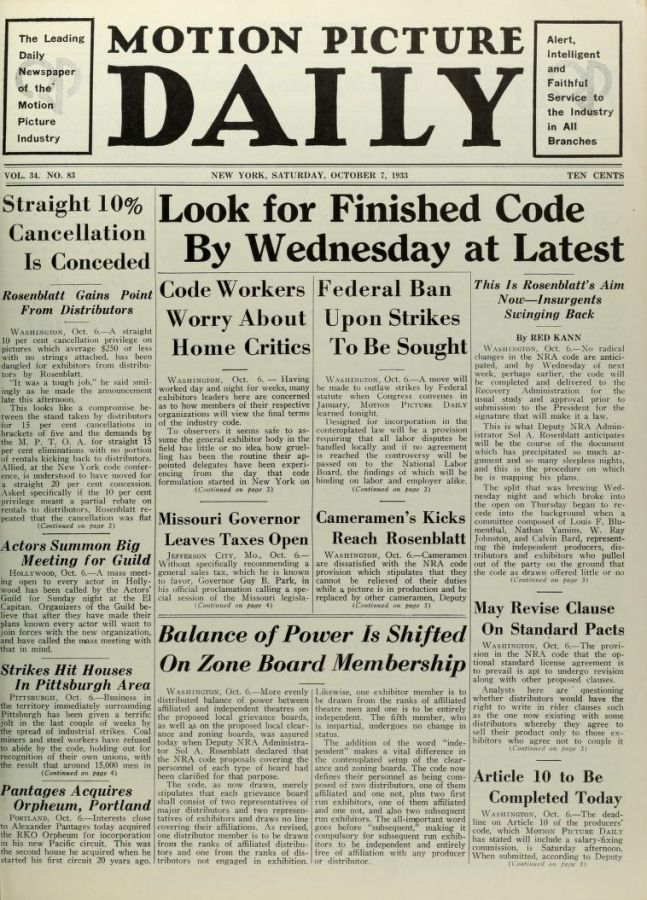 MOTION PICTURE DAILY magazine side cover 7 October 1933
