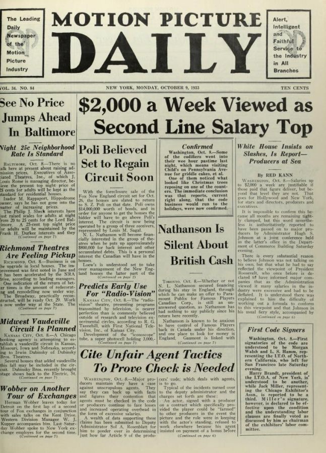 MOTION PICTURE DAILY magazine side cover 9 October 1933
