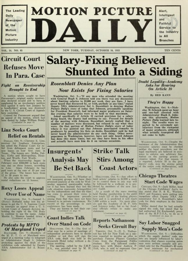 MOTION PICTURE DAILY magazine side cover 10 October 1933