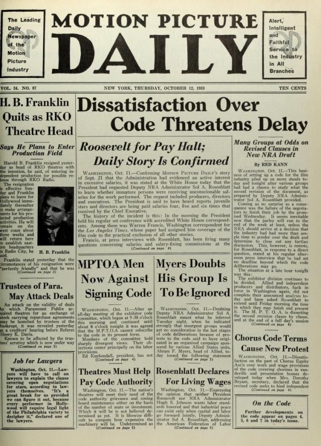 MOTION PICTURE DAILY magazine side cover 12 October 1933