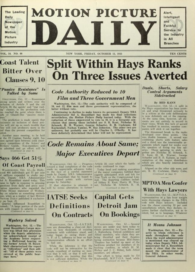 MOTION PICTURE DAILY magazine side cover 13 October 1933