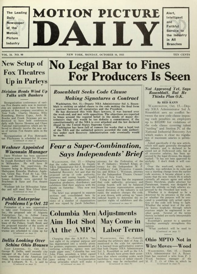 MOTION PICTURE DAILY magazine side cover 16 October 1933