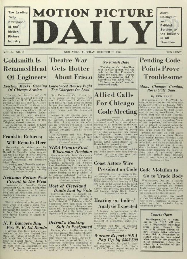 MOTION PICTURE DAILY magazine side cover 17 October 1933