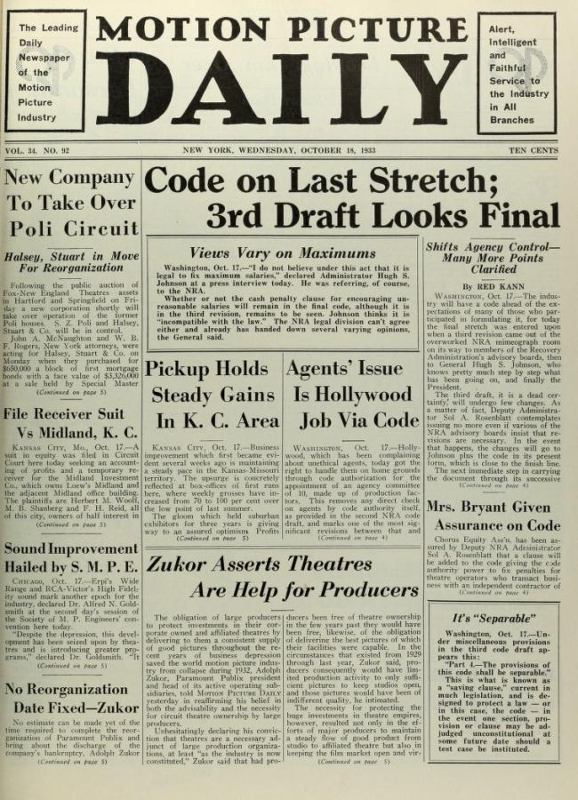 MOTION PICTURE DAILY magazine side cover 18 October 1933