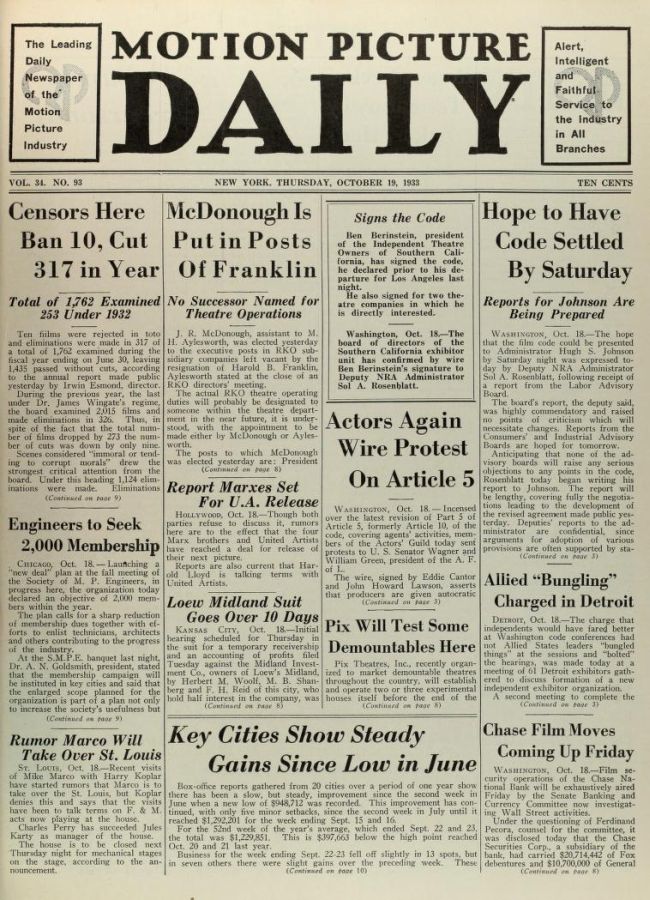 MOTION PICTURE DAILY magazine side cover 19 October 1933