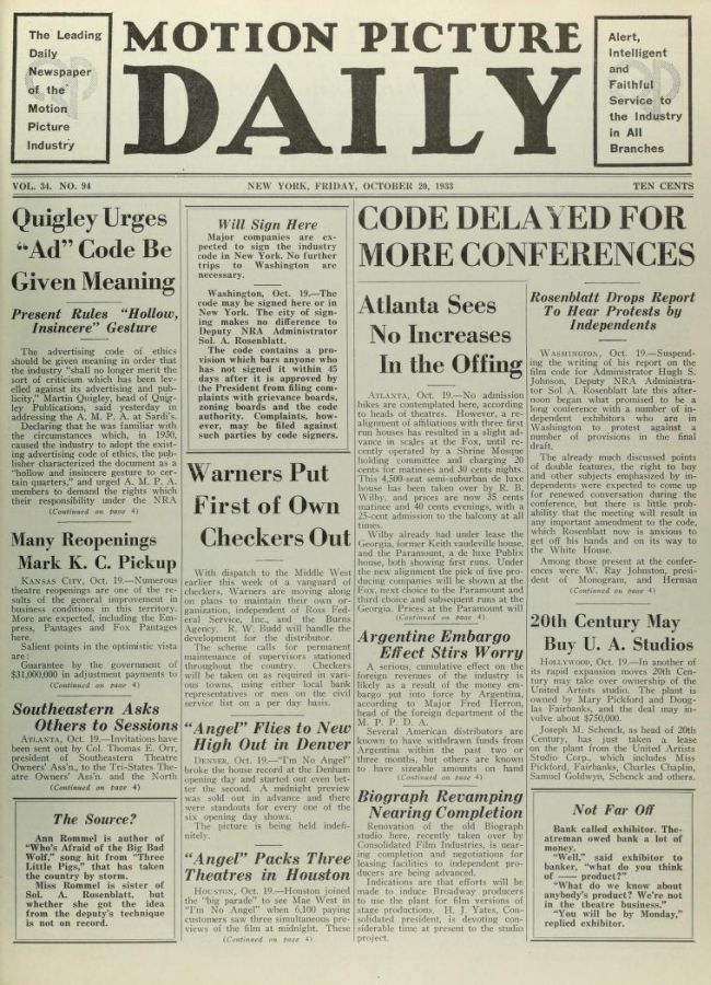 MOTION PICTURE DAILY magazine side cover 20 October 1933