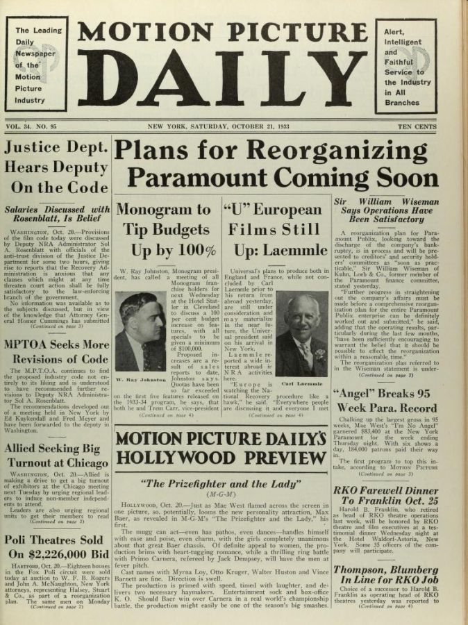 MOTION PICTURE DAILY magazine side cover 21 October 1933