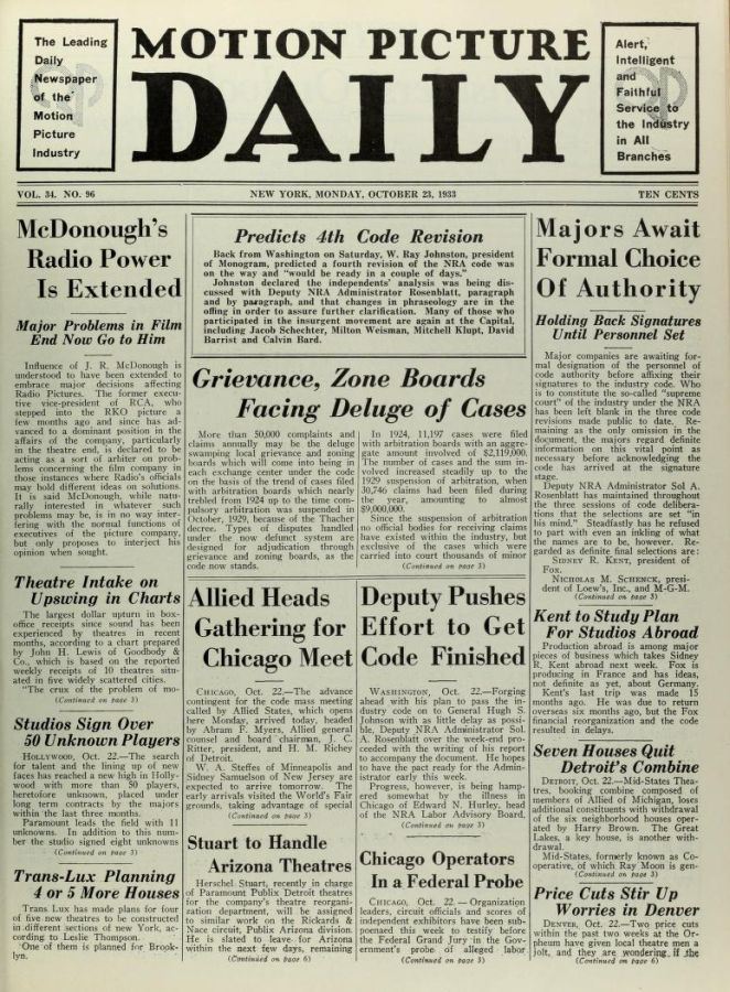 MOTION PICTURE DAILY magazine side cover 23 October 1933