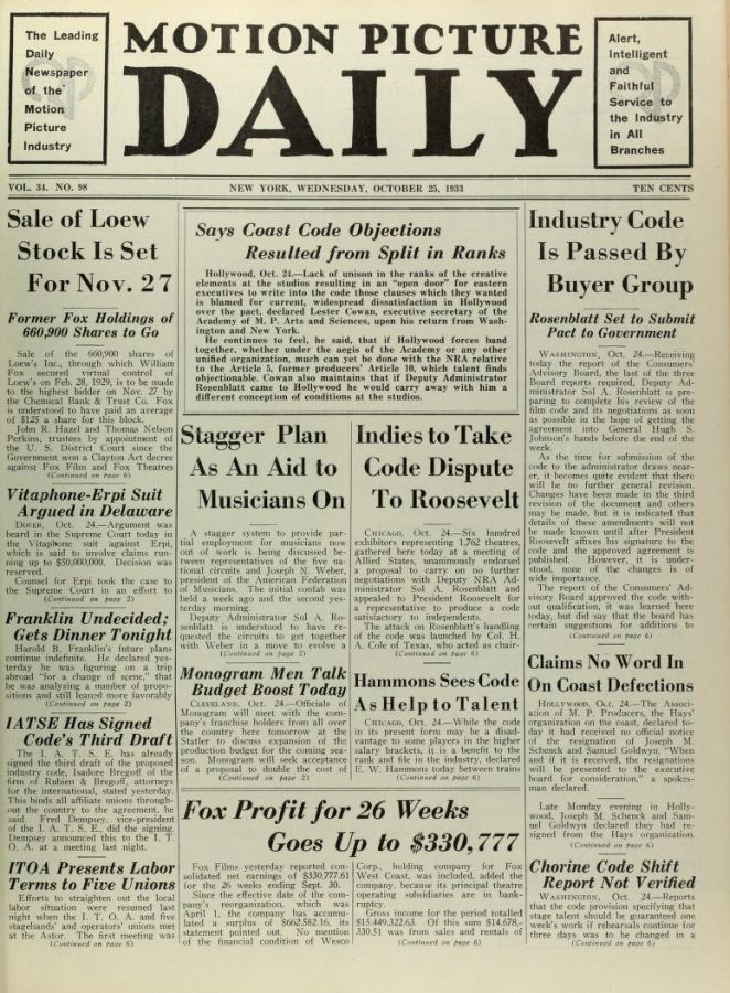 MOTION PICTURE DAILY magazine side cover 25 October 1933