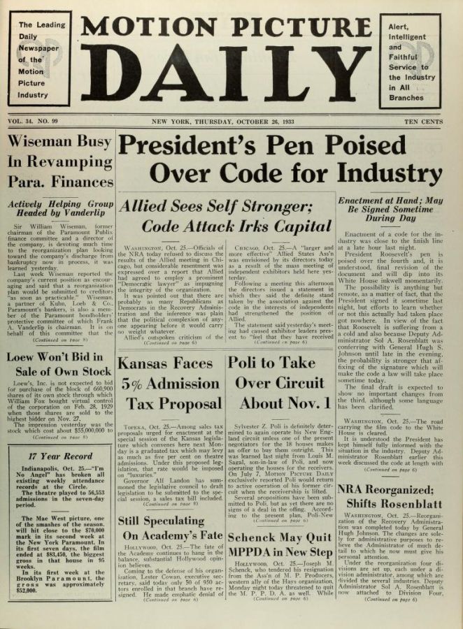 MOTION PICTURE DAILY magazine side cover 26 October 1933