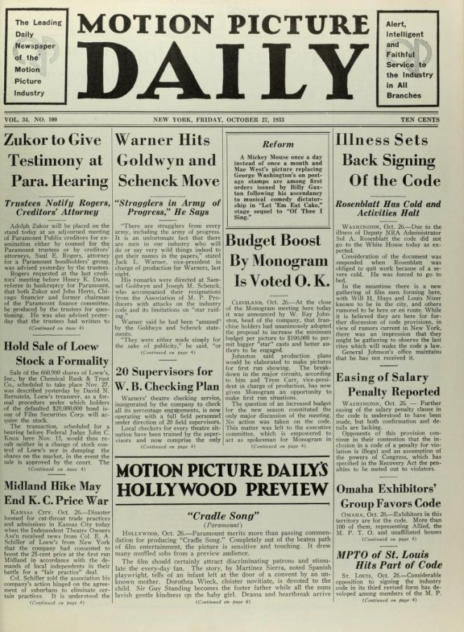 MOTION PICTURE DAILY magazine side cover 27 October 1933