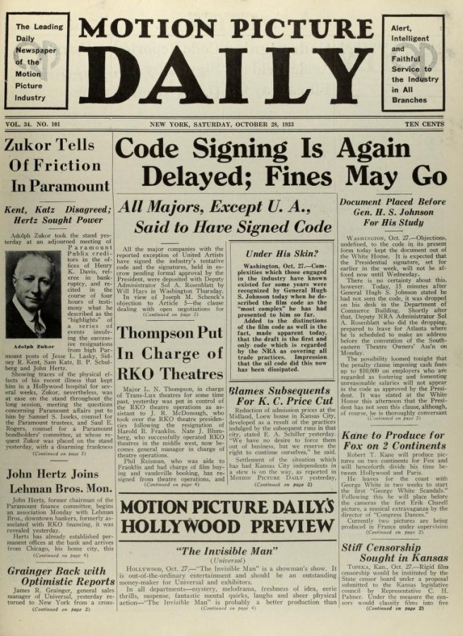 MOTION PICTURE DAILY magazine side cover 28 October 1933