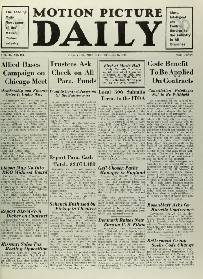 MOTION PICTURE DAILY magazine side cover 30 October 1933