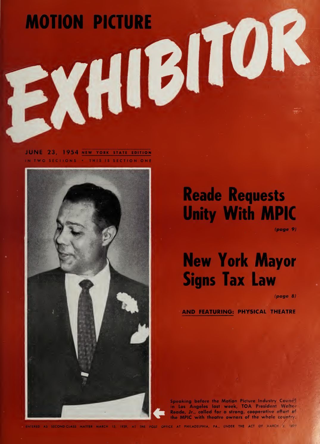 MOTION PICTURE EXHIBITOR magazine side cover 23 June 1954