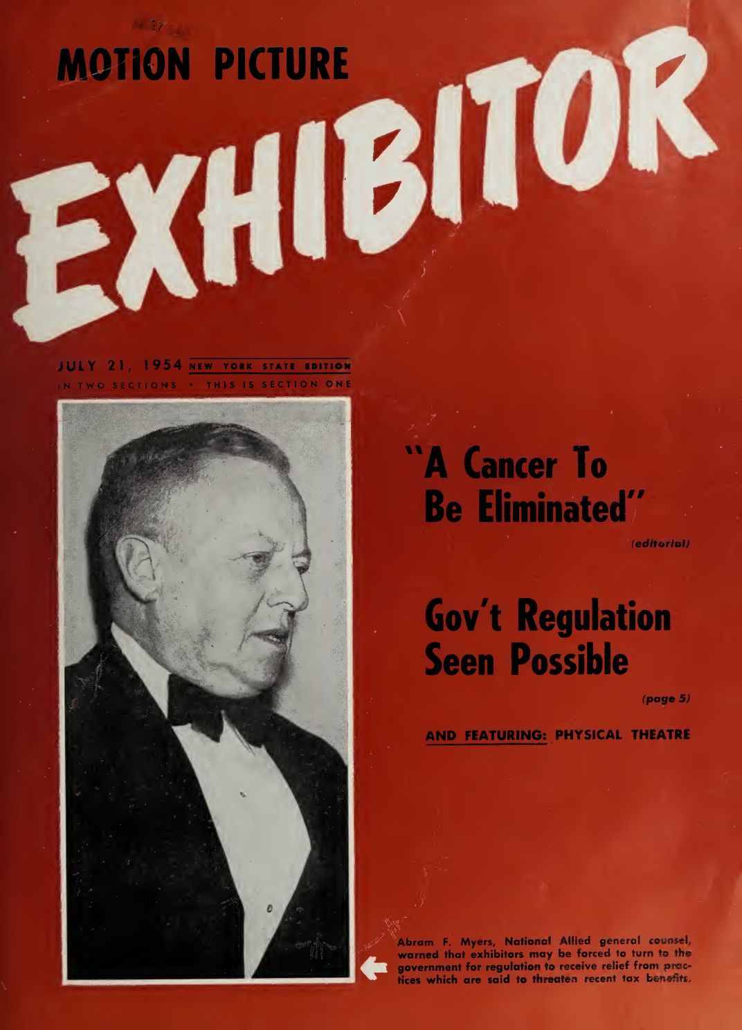 MOTION PICTURE EXHIBITOR magazine side cover 21 July 1954