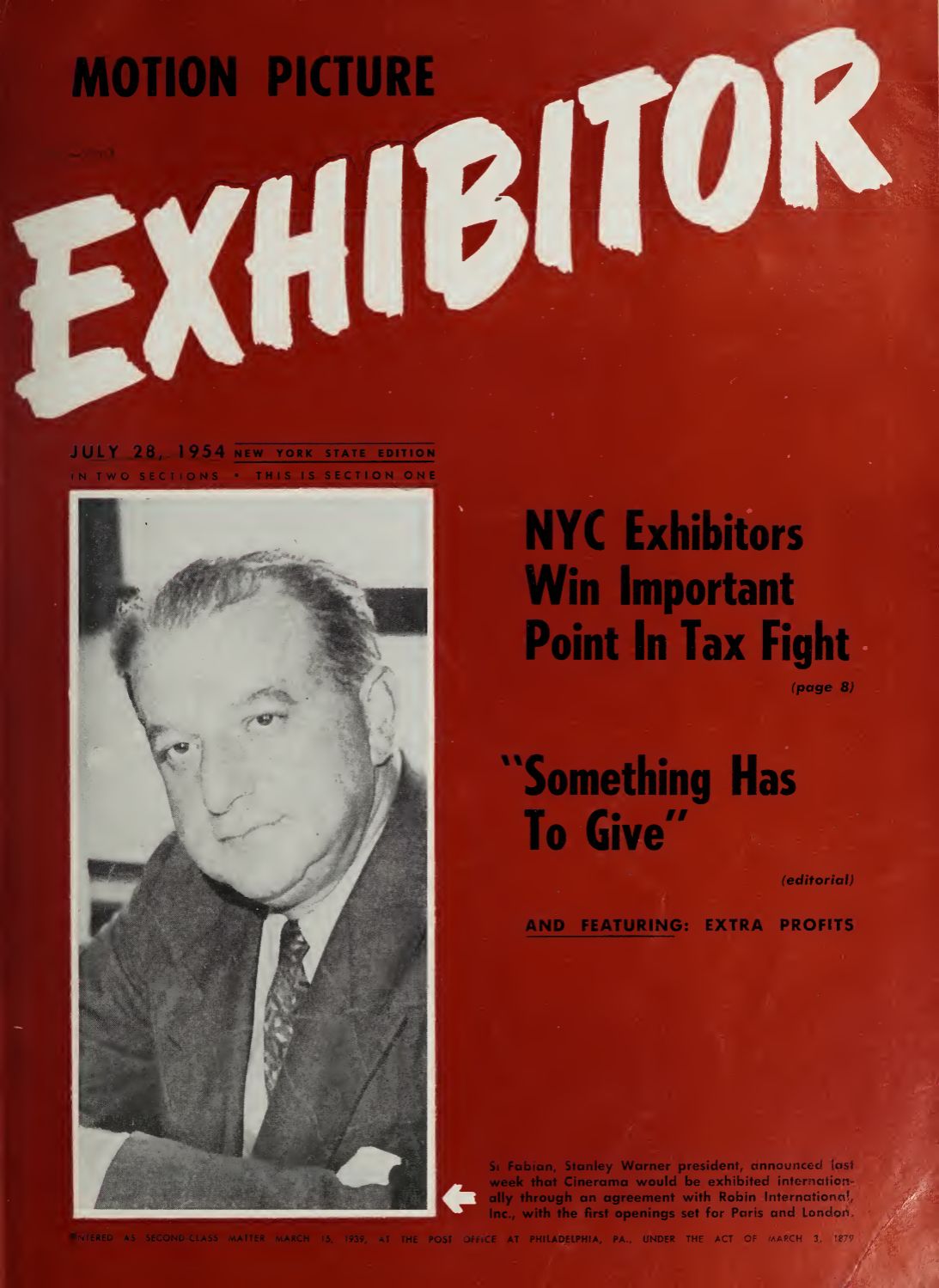 MOTION PICTURE EXHIBITOR magazine side cover 28 July 1954