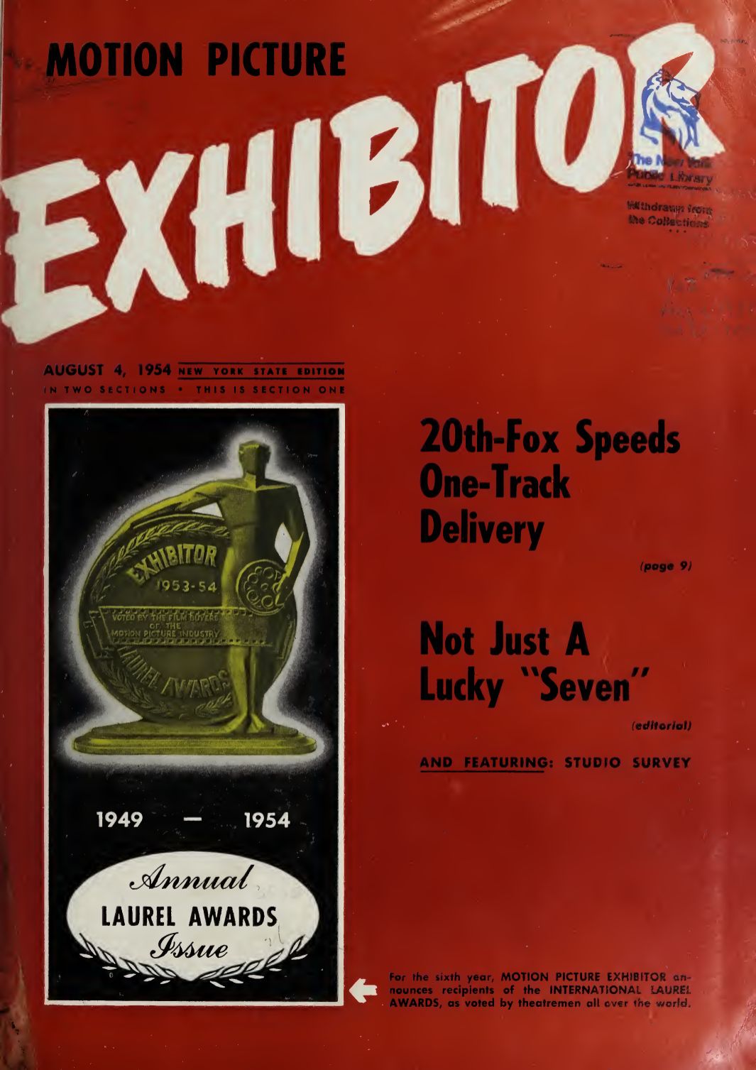 MOTION PICTURE EXHIBITOR magazine side cover 4 August 1954