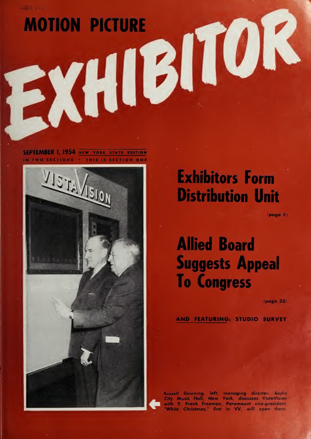 MOTION PICTURE EXHIBITOR magazine side cover 1 September 1954