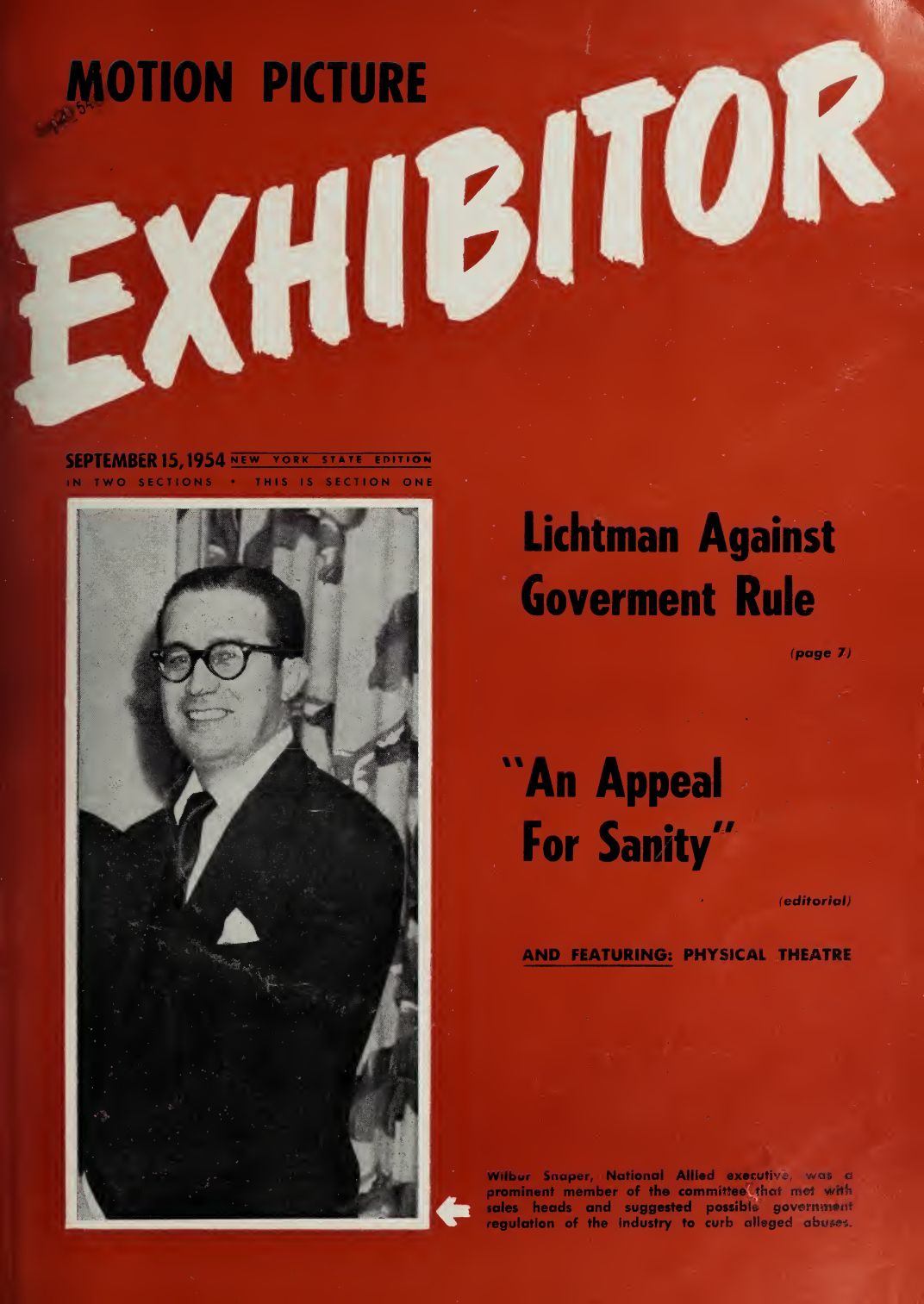 MOTION PICTURE EXHIBITOR magazine side cover 15 September 1954