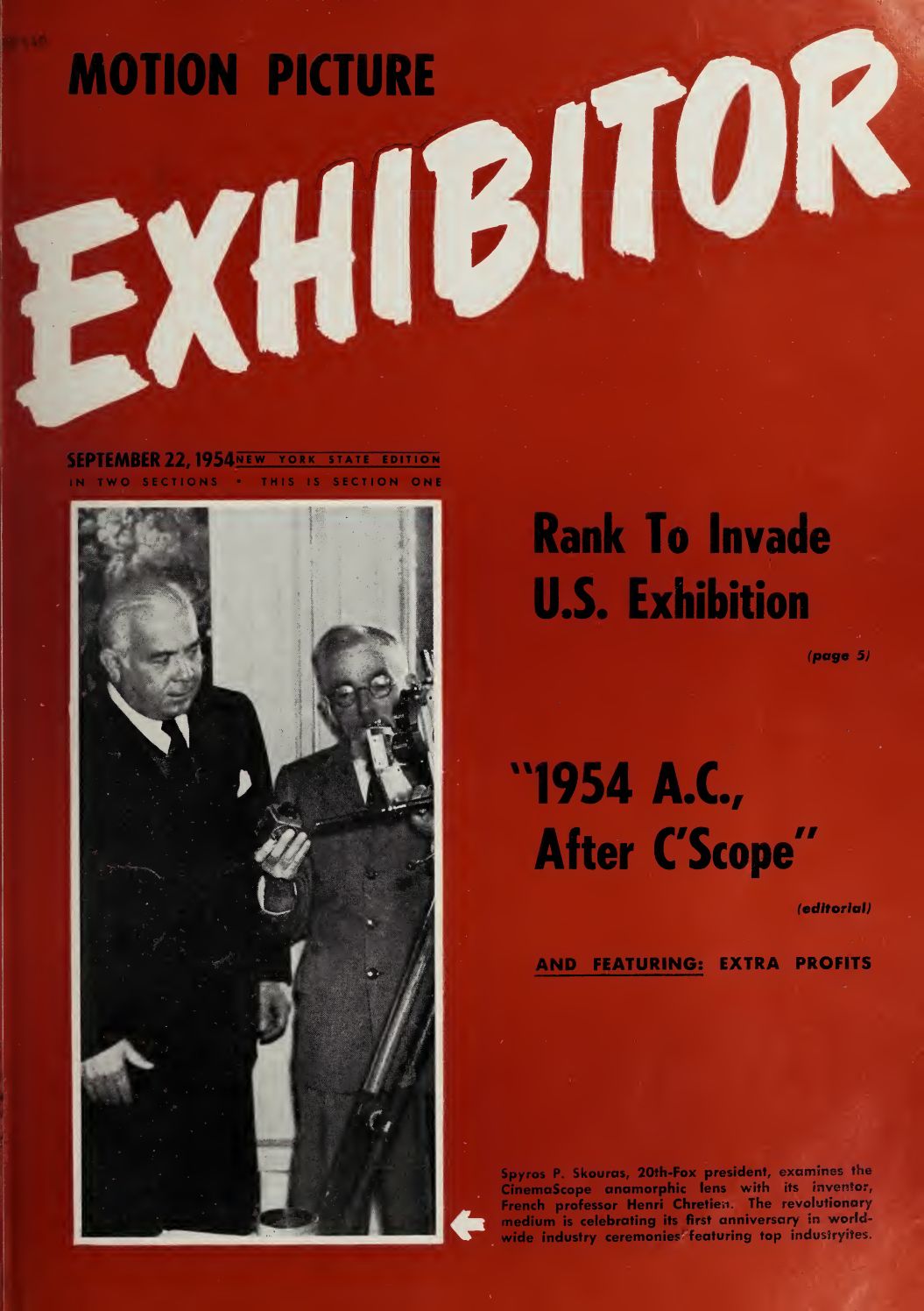 MOTION PICTURE EXHIBITOR magazine side cover 22 September 1954