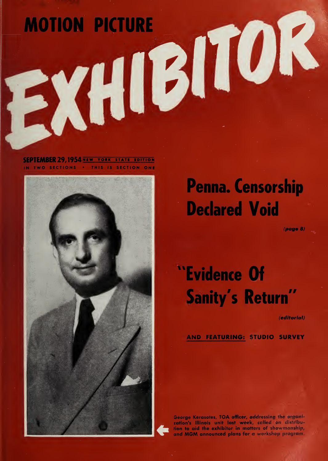MOTION PICTURE EXHIBITOR magazine side cover 29 September 1954
