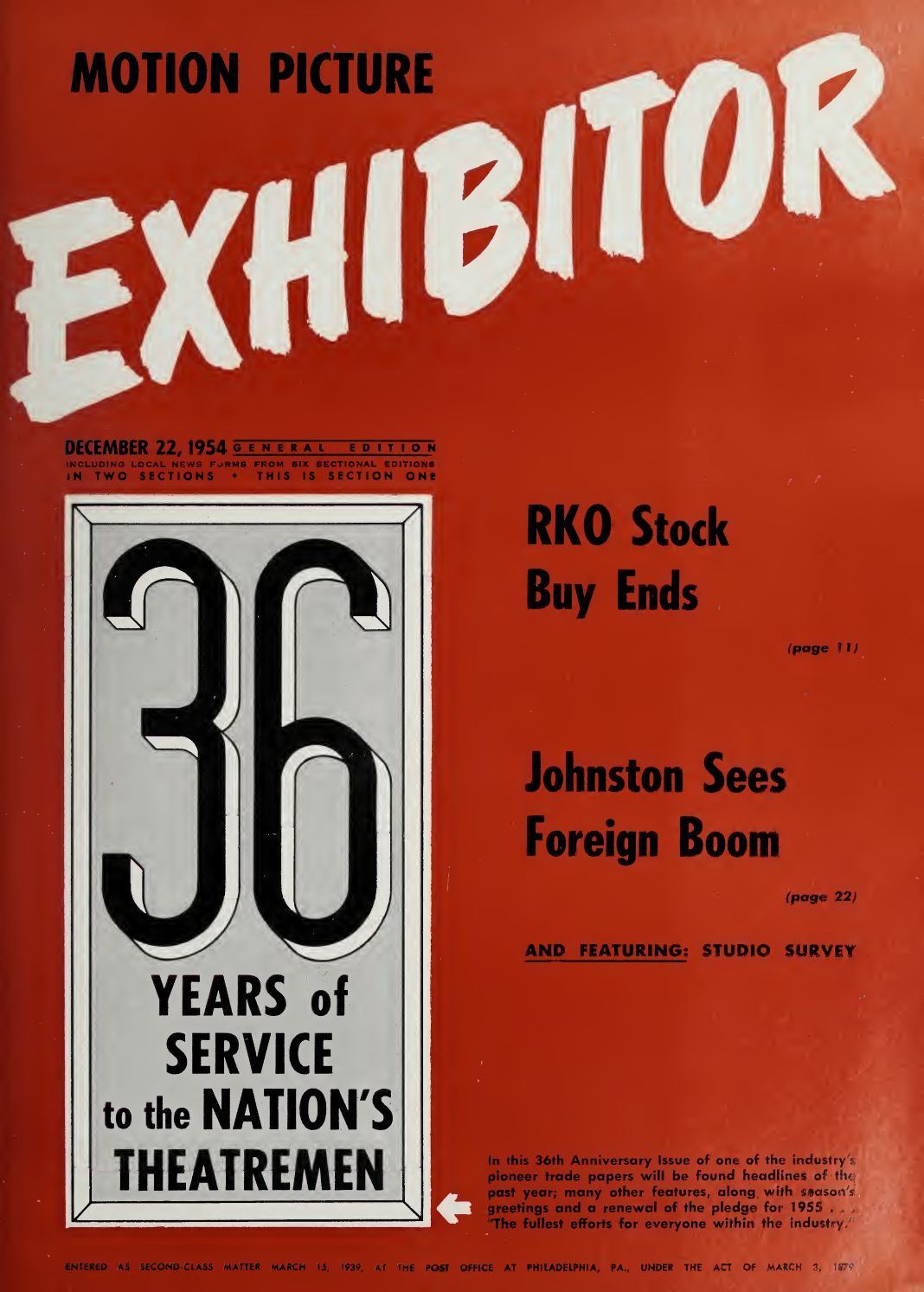 MOTION PICTURE EXHIBITOR magazine side cover 22 December 1954