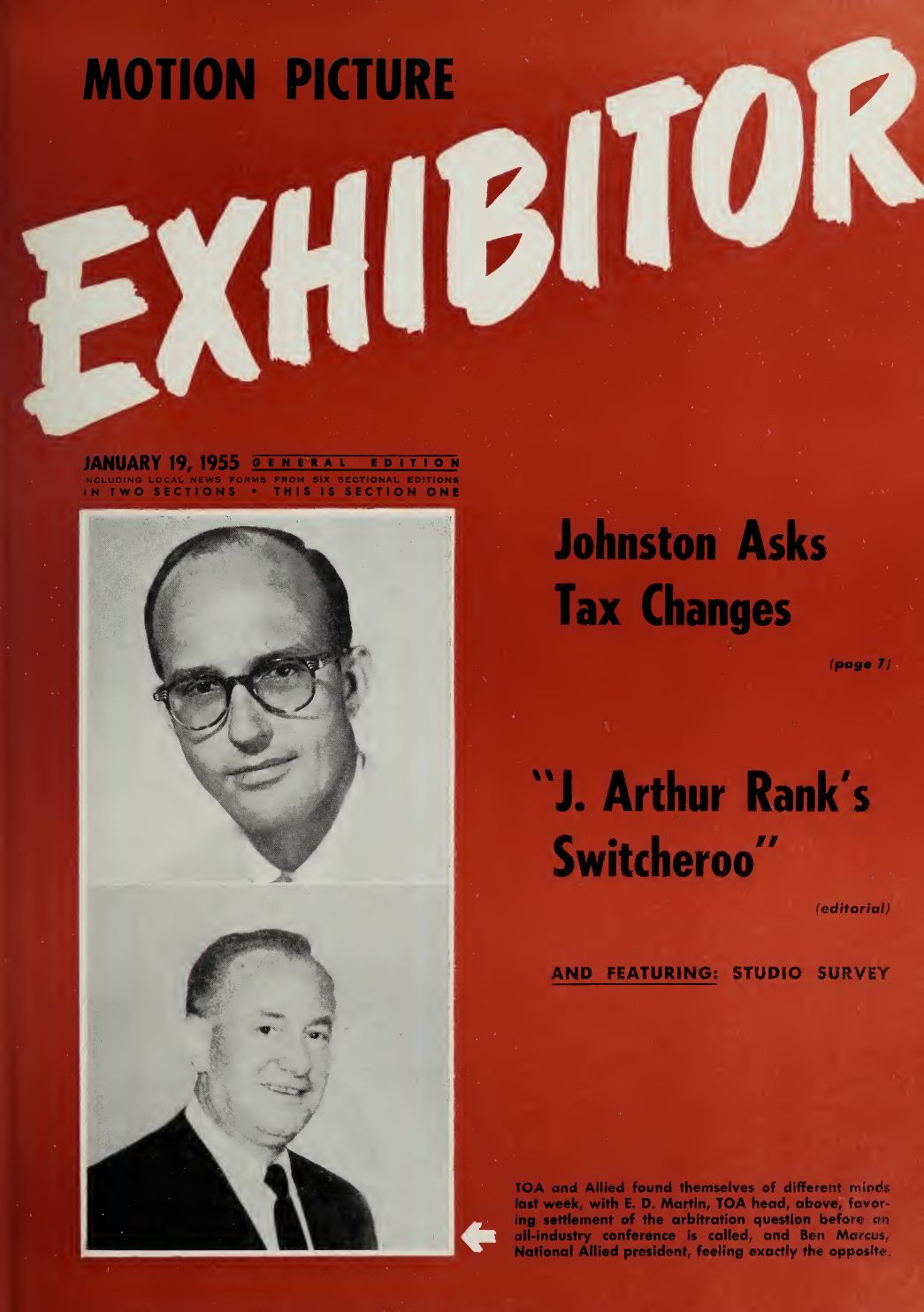 MOTION PICTURE EXHIBITOR magazine side cover 19 January 1955