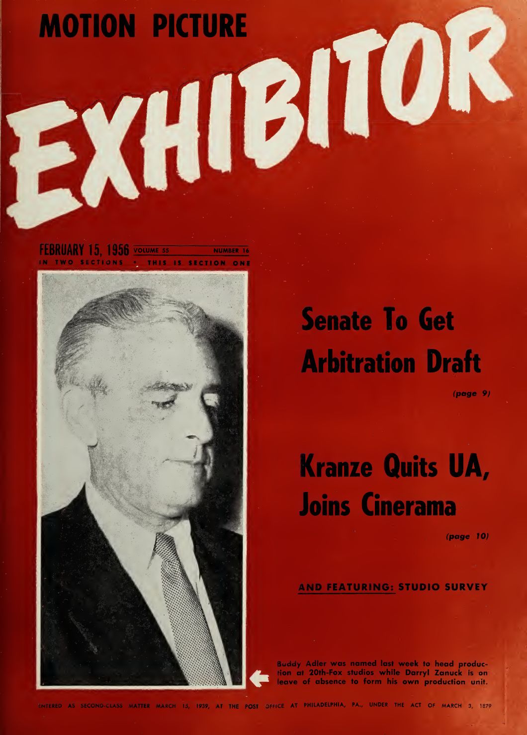 MOTION PICTURE EXHIBITOR magazine side cover 15 February 1956