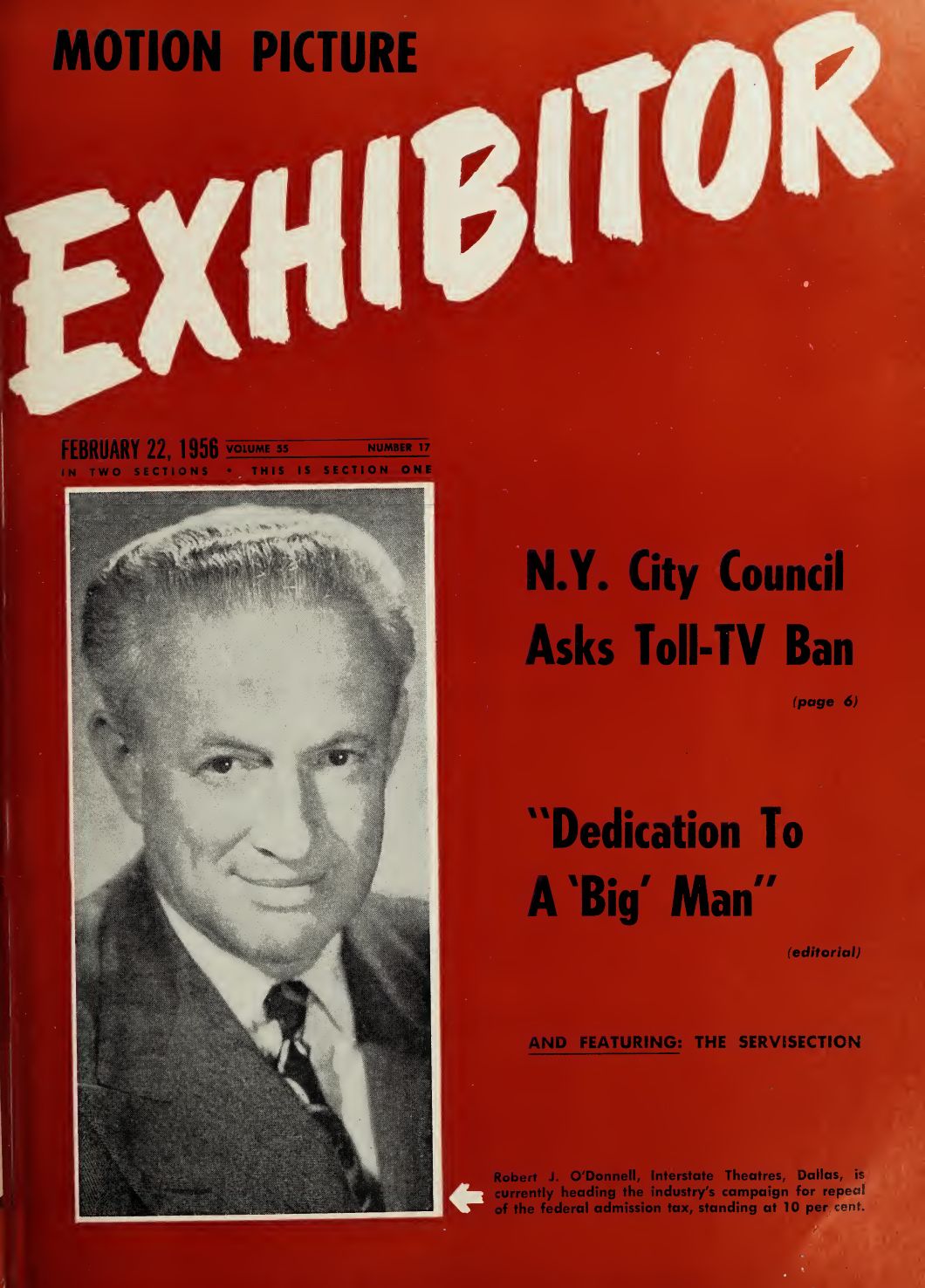 MOTION PICTURE EXHIBITOR magazine side cover 22 February 1956