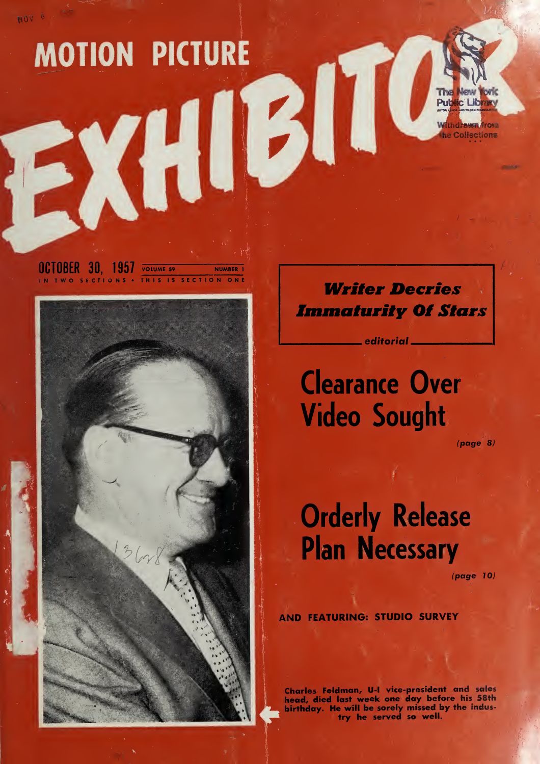 MOTION PICTURE EXHIBITOR magazine side cover 30 October 1957