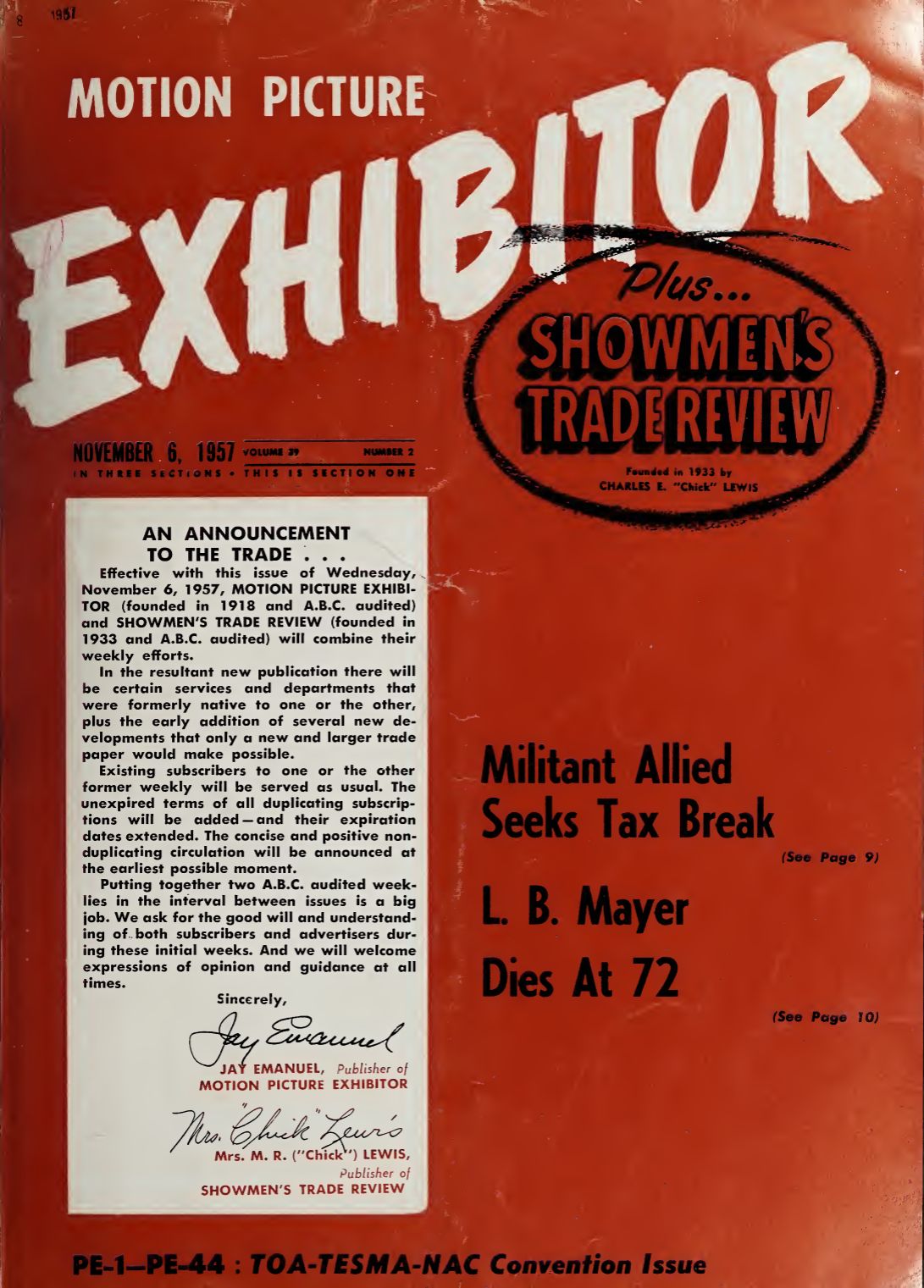 MOTION PICTURE EXHIBITOR magazine side cover 6 November 1957