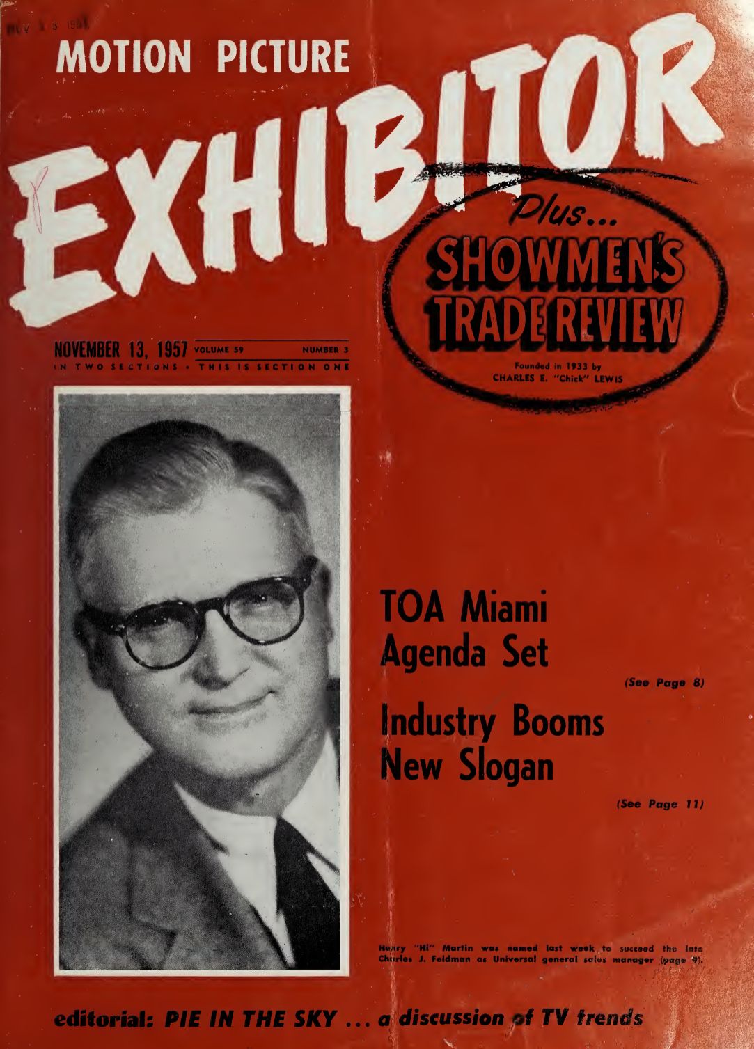 MOTION PICTURE EXHIBITOR magazine side cover 13 November 1957