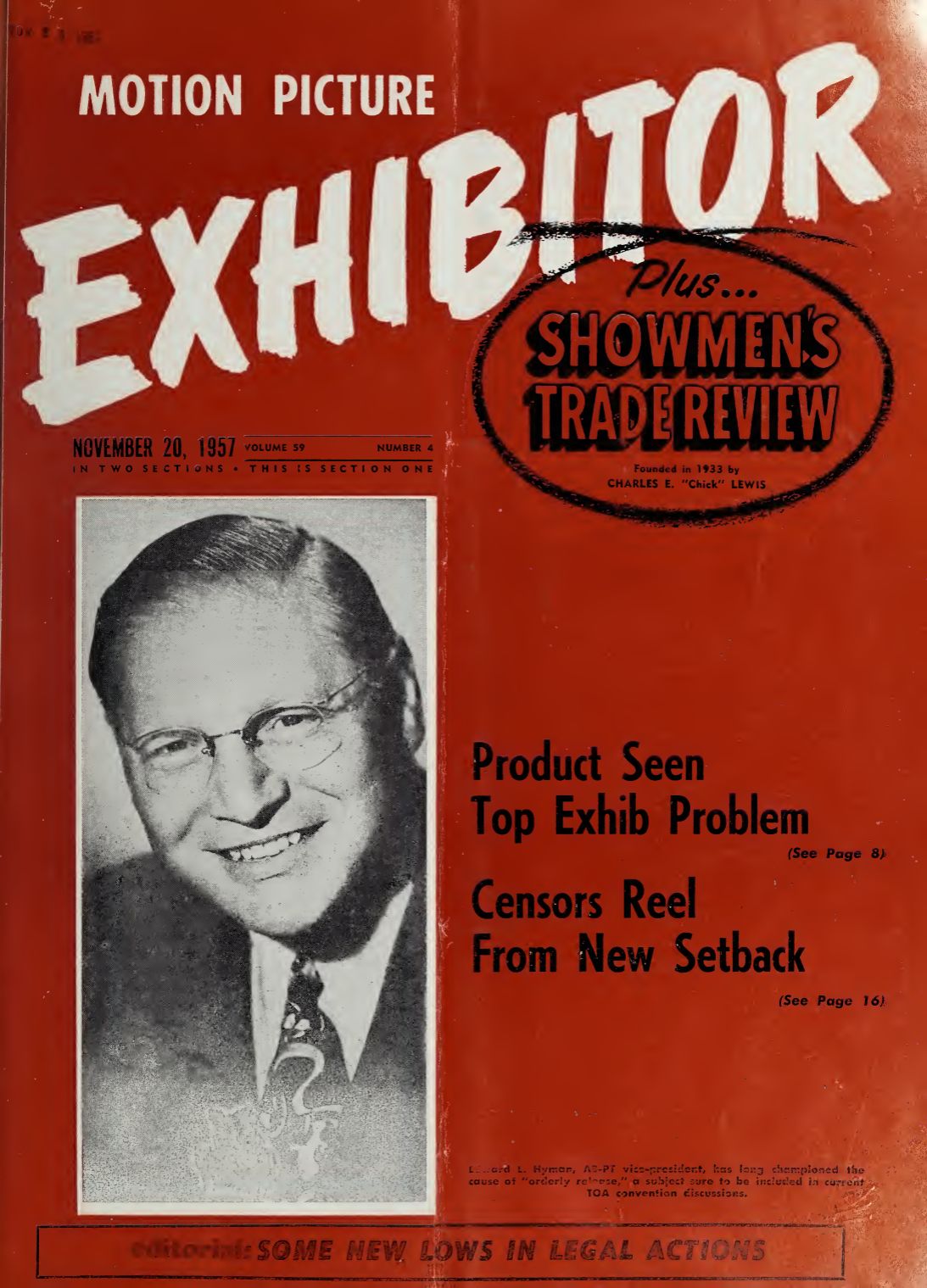 MOTION PICTURE EXHIBITOR magazine side cover 20 November 1957