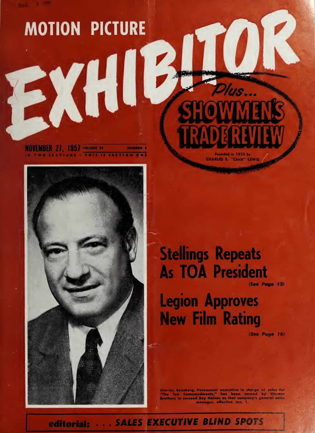 MOTION PICTURE EXHIBITOR magazine side cover 27 November 1957