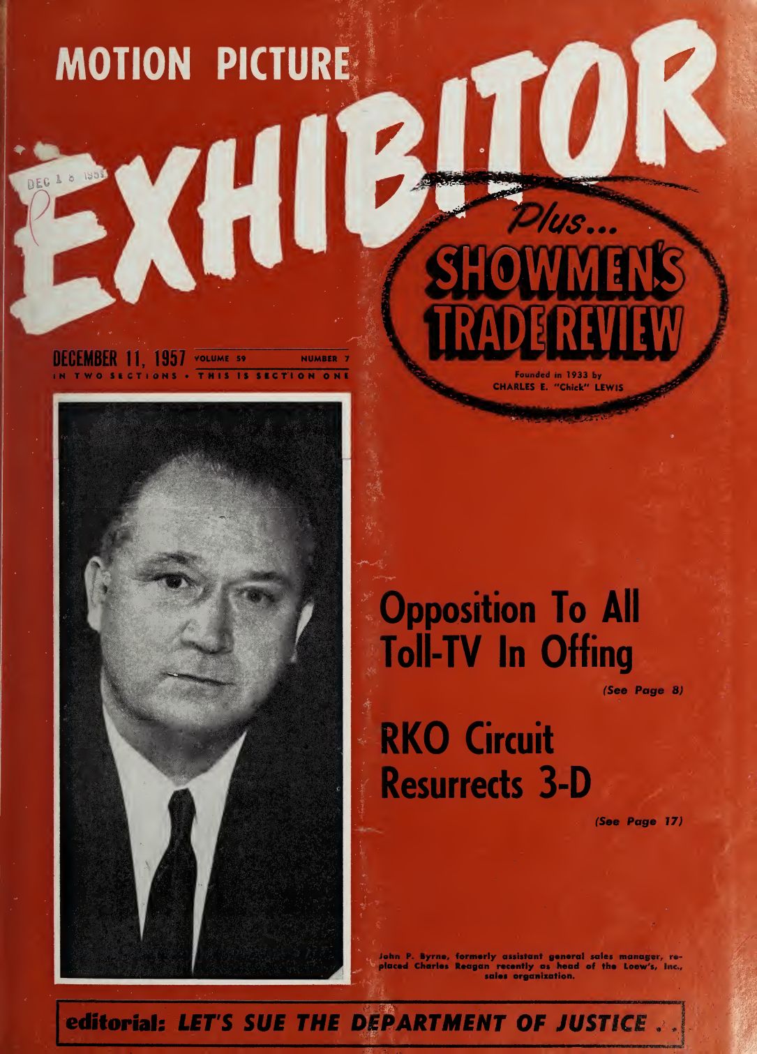 MOTION PICTURE EXHIBITOR magazine side cover 11 December 1957