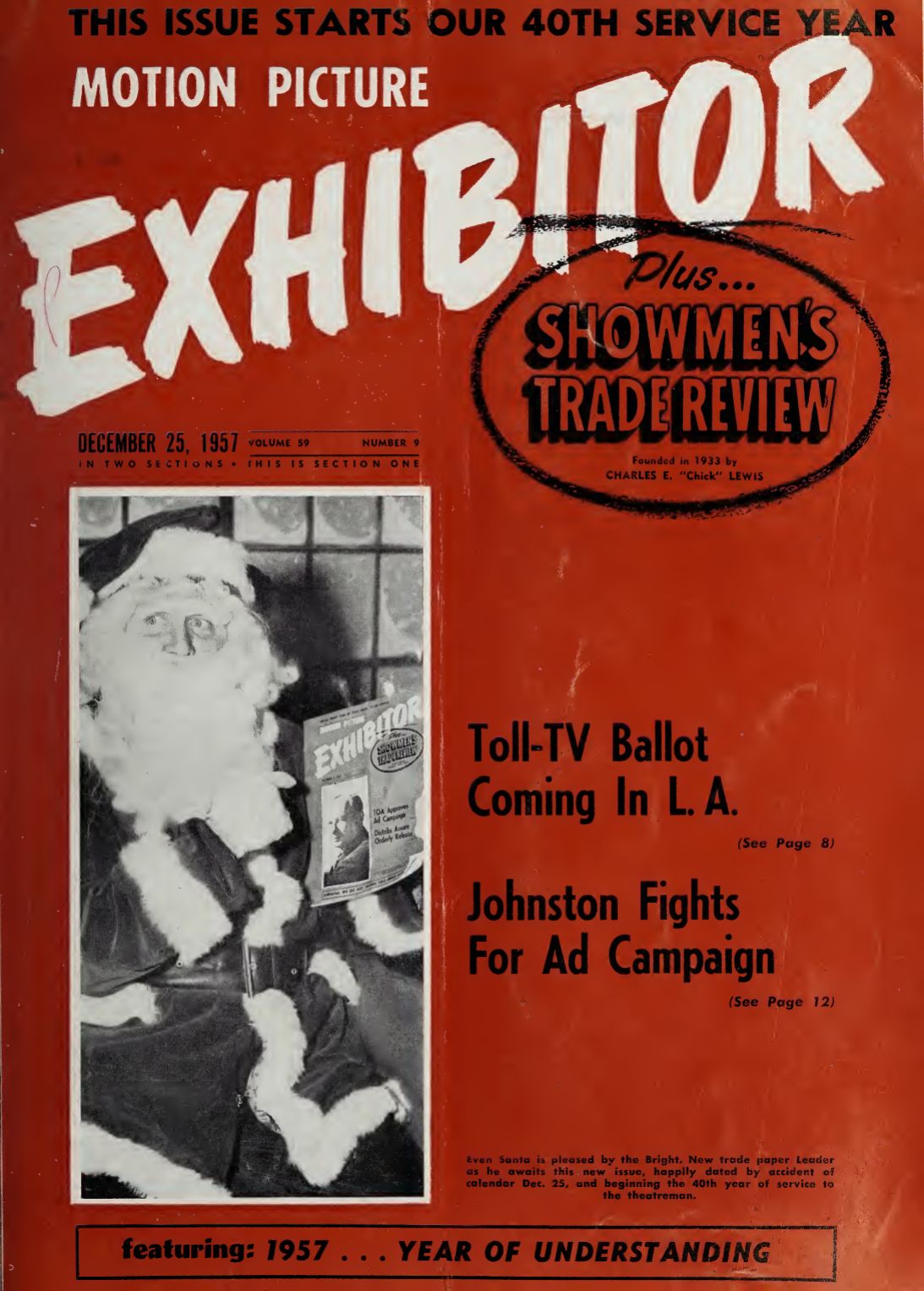 MOTION PICTURE EXHIBITOR magazine side cover 25 December 1957