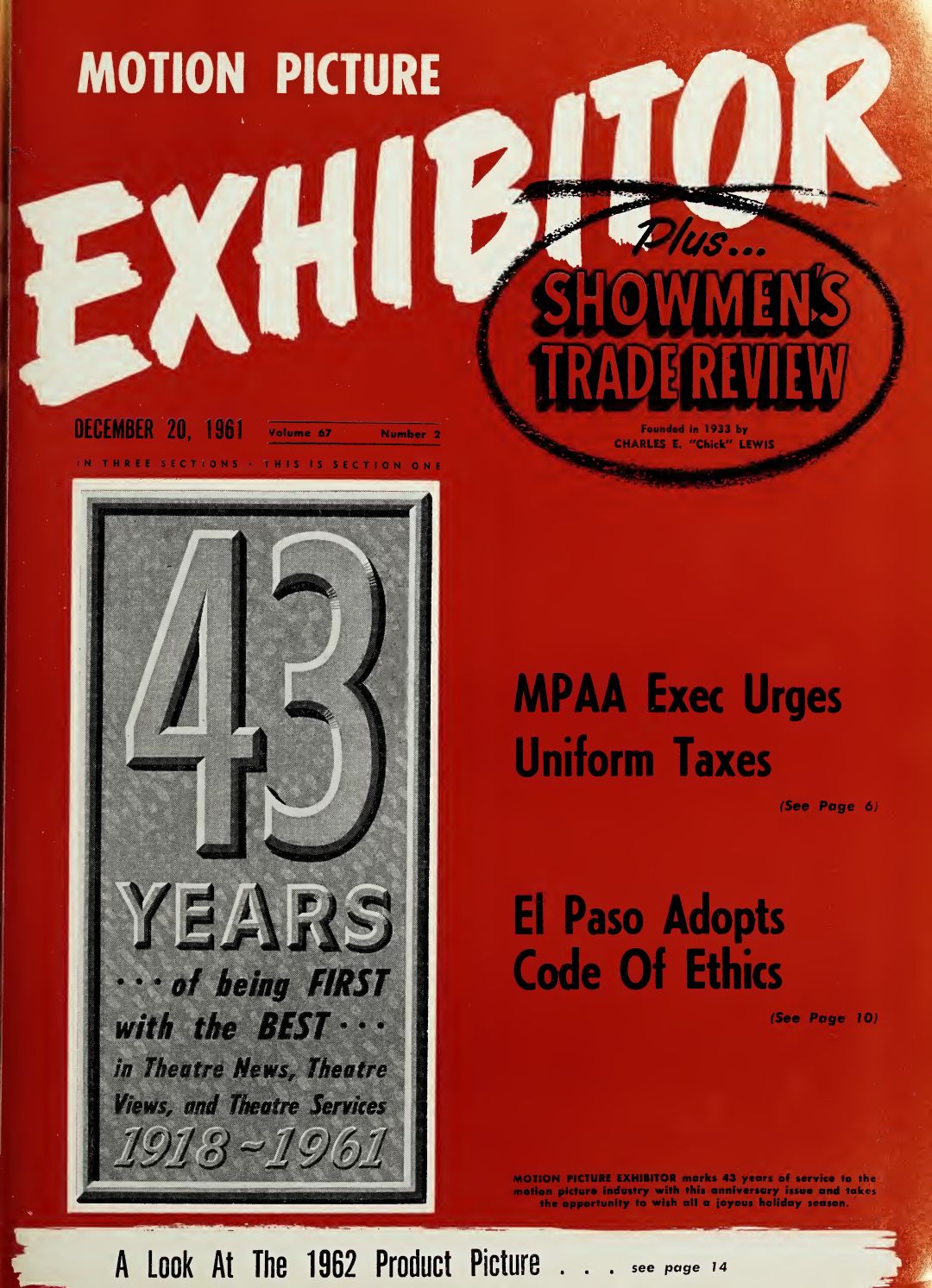 MOTION PICTURE EXHIBITOR magazine side cover 20 December 1961