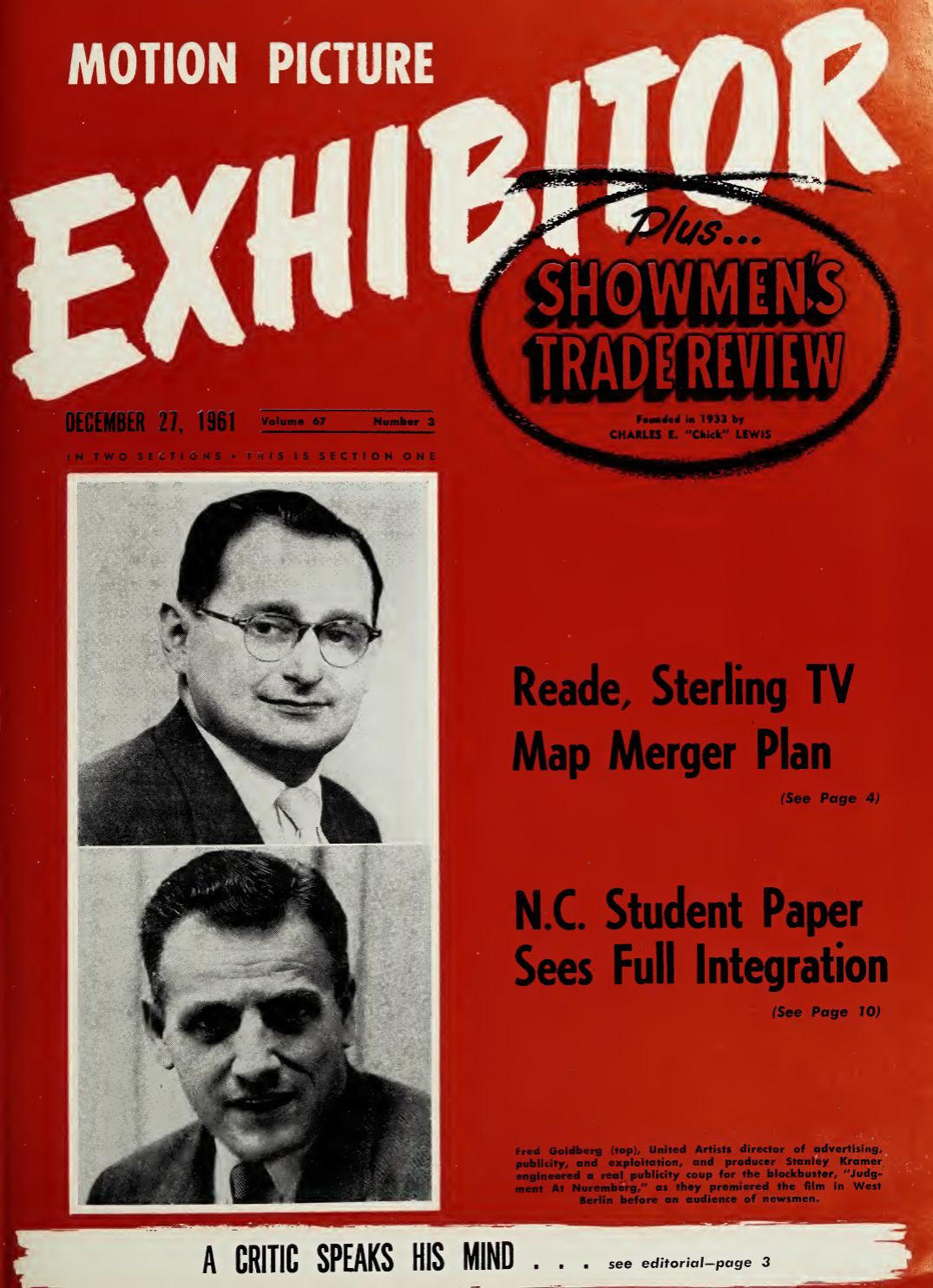 MOTION PICTURE EXHIBITOR magazine side cover 27 December 1961