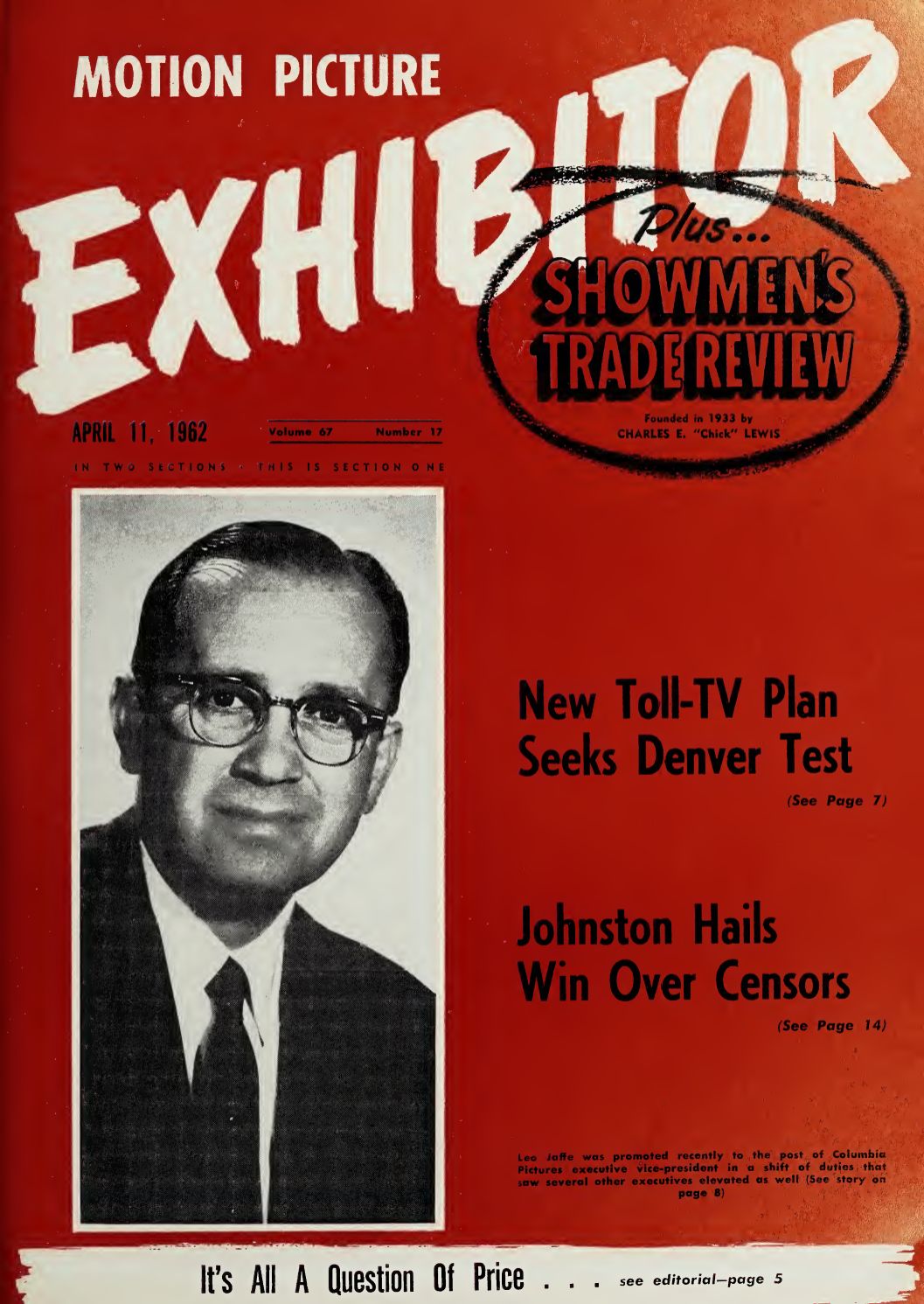 MOTION PICTURE EXHIBITOR magazine side cover 11 April 1962
