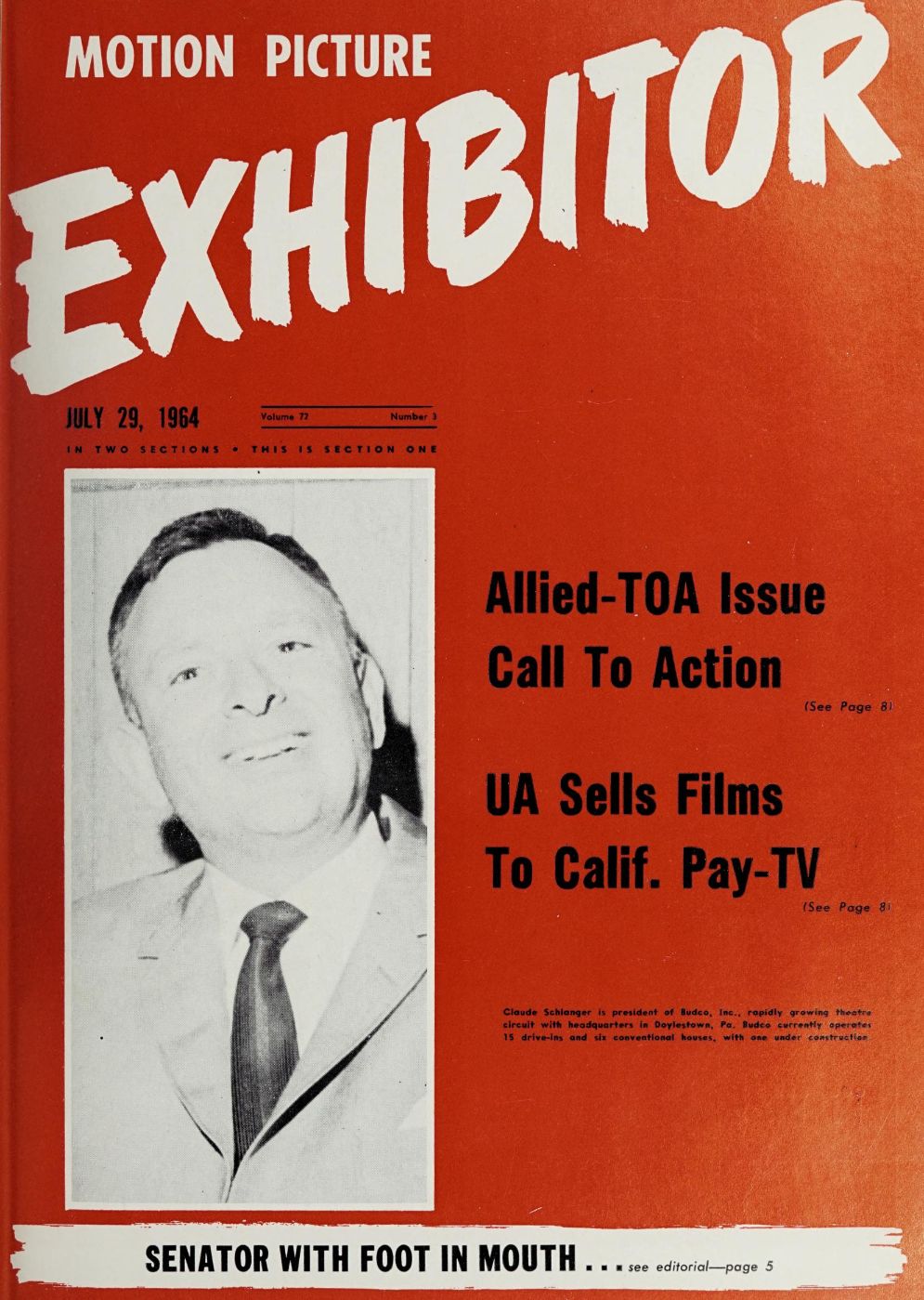 MOTION PICTURE EXHIBITOR magazine side cover 29 July 1964