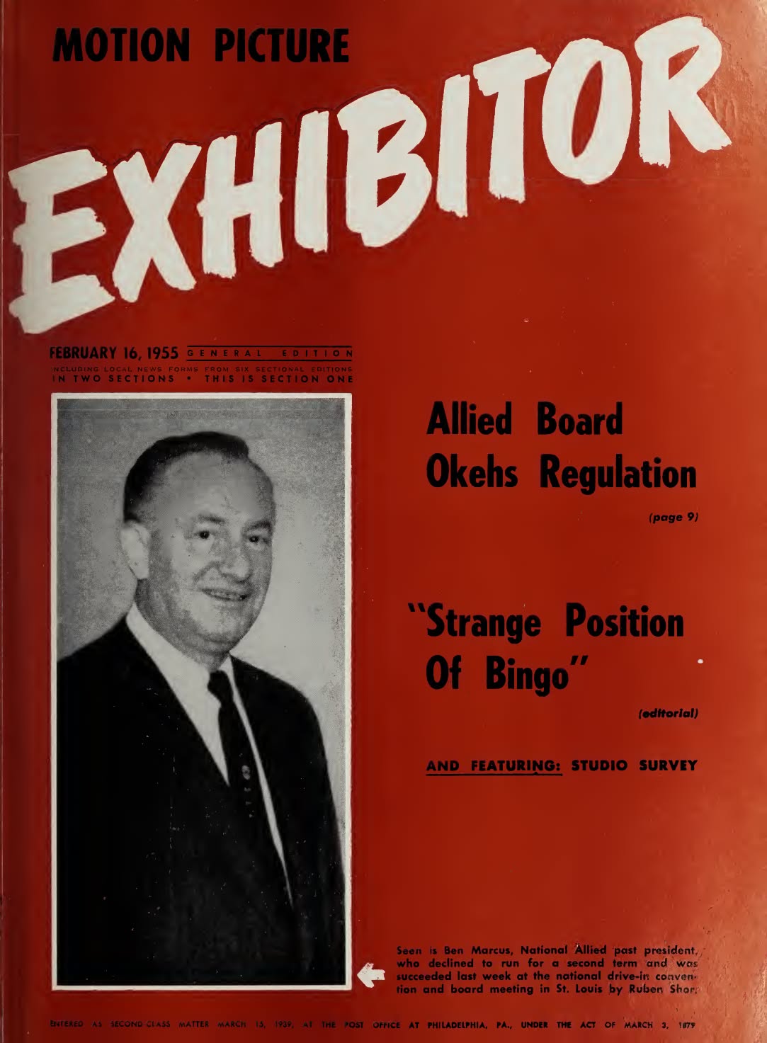 MOTION PICTURE EXHIBITOR magazine side cover 16 February 1955