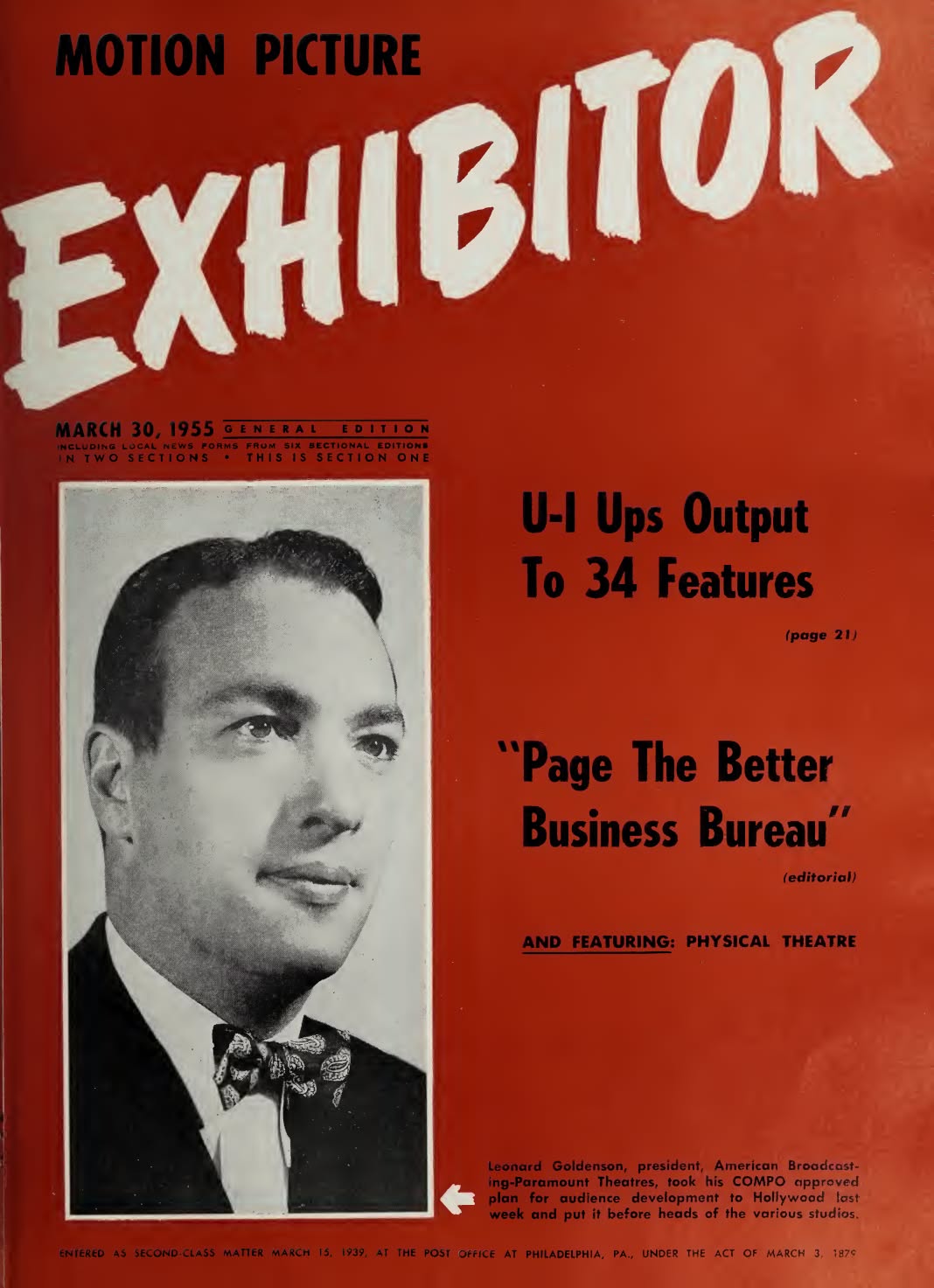 MOTION PICTURE EXHIBITOR magazine side cover 30 March 1955