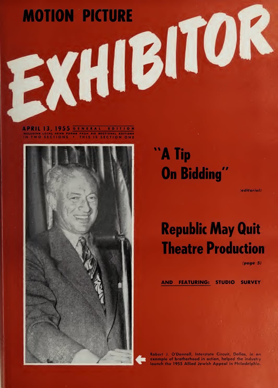 MOTION PICTURE EXHIBITOR magazine side cover 13 April 1955